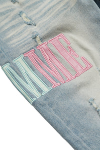 Letterman Denim Blue With Aqua, Turquoise, and Pink Letters