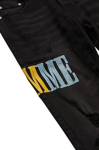 Letterman Denim Black With Pink, Baby Blue and Yellow Letters